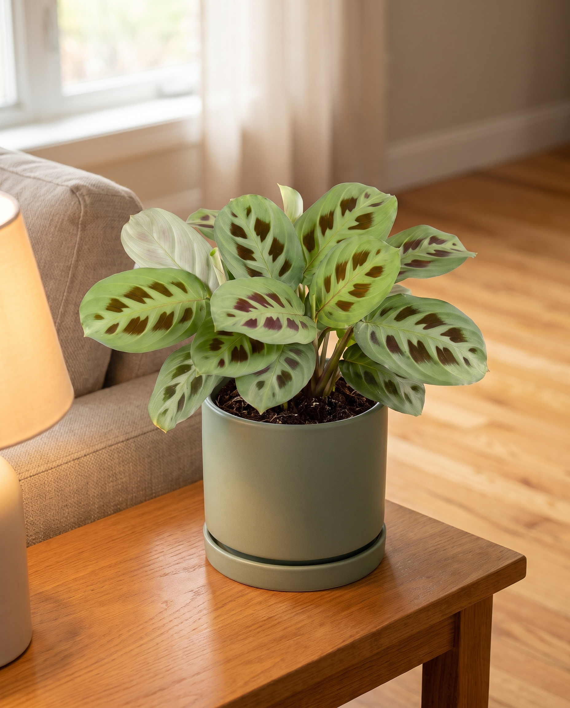 Prayer plant in a decorative ceramic, styled in a room
