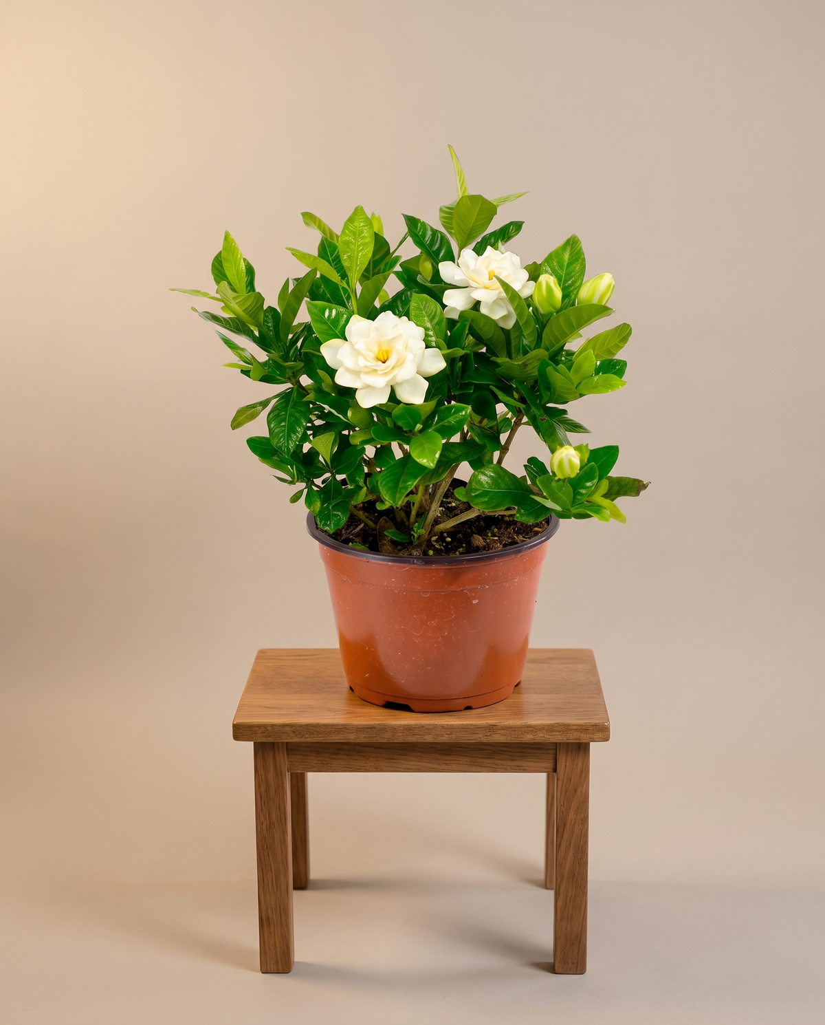 Gardenia in a grow pot, furniture for scale, Medium