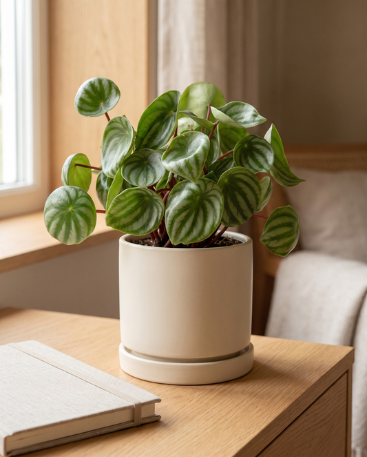 Watermelon Peperomia in a decorative ceramic, styled in a room