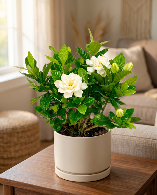 Gardenia in a decorative ceramic, styled in a room
