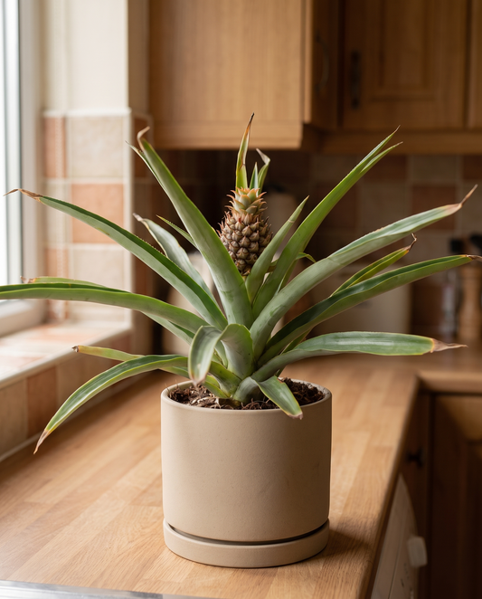 Pineapple plant in a decorative ceramic, styled in a room