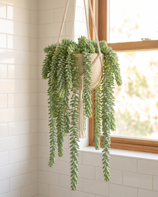 Donkey tail in a decorative hanging planter, styled in a bathroom