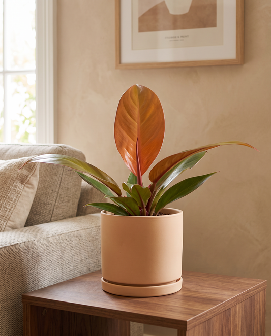 Philodendron Orange in a decorative ceramic, styled in a room