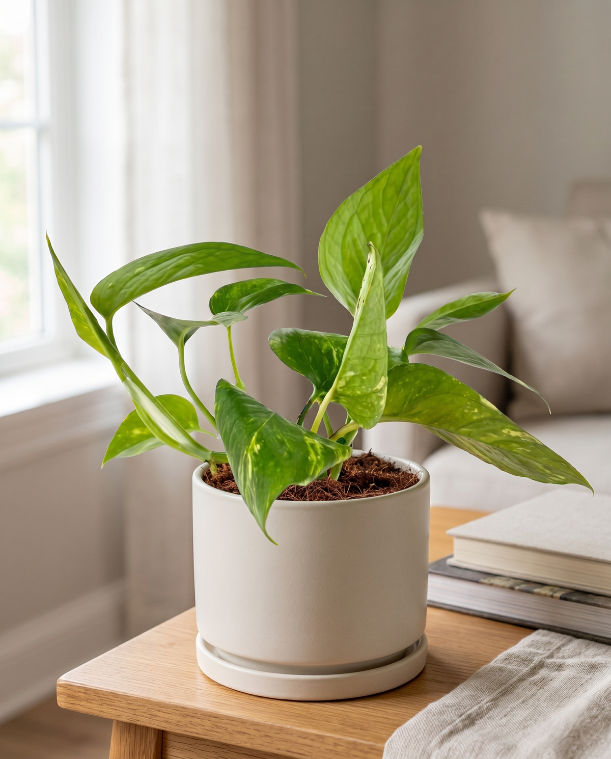 Golden Pothos in a decorative ceramic, styled in a room