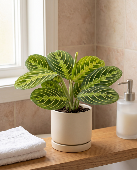 Prayer Plant Lime in a decorative ceramic, styled in a room