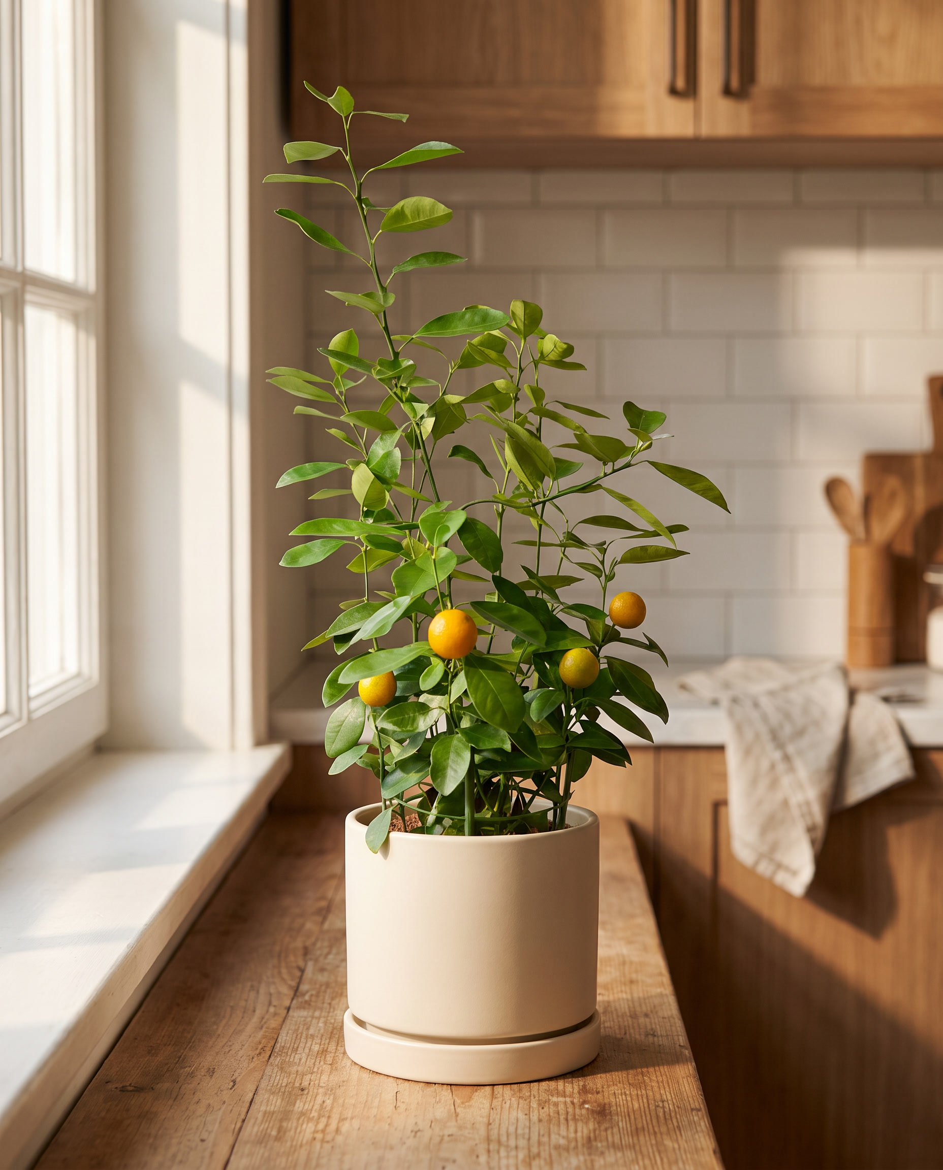 Calamondin in a decorative ceramic, styled in a room
