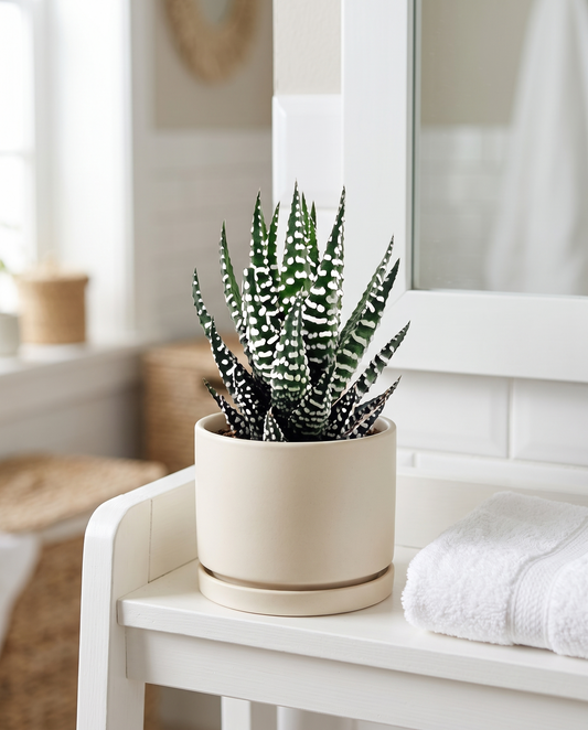 Zebra haworthia in a decorative ceramic, styled in a bathroom