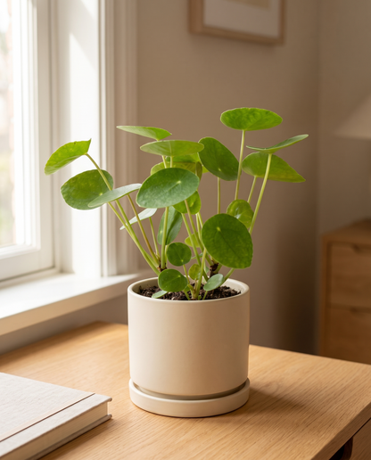 Pilea in a decorative ceramic, styled in a room