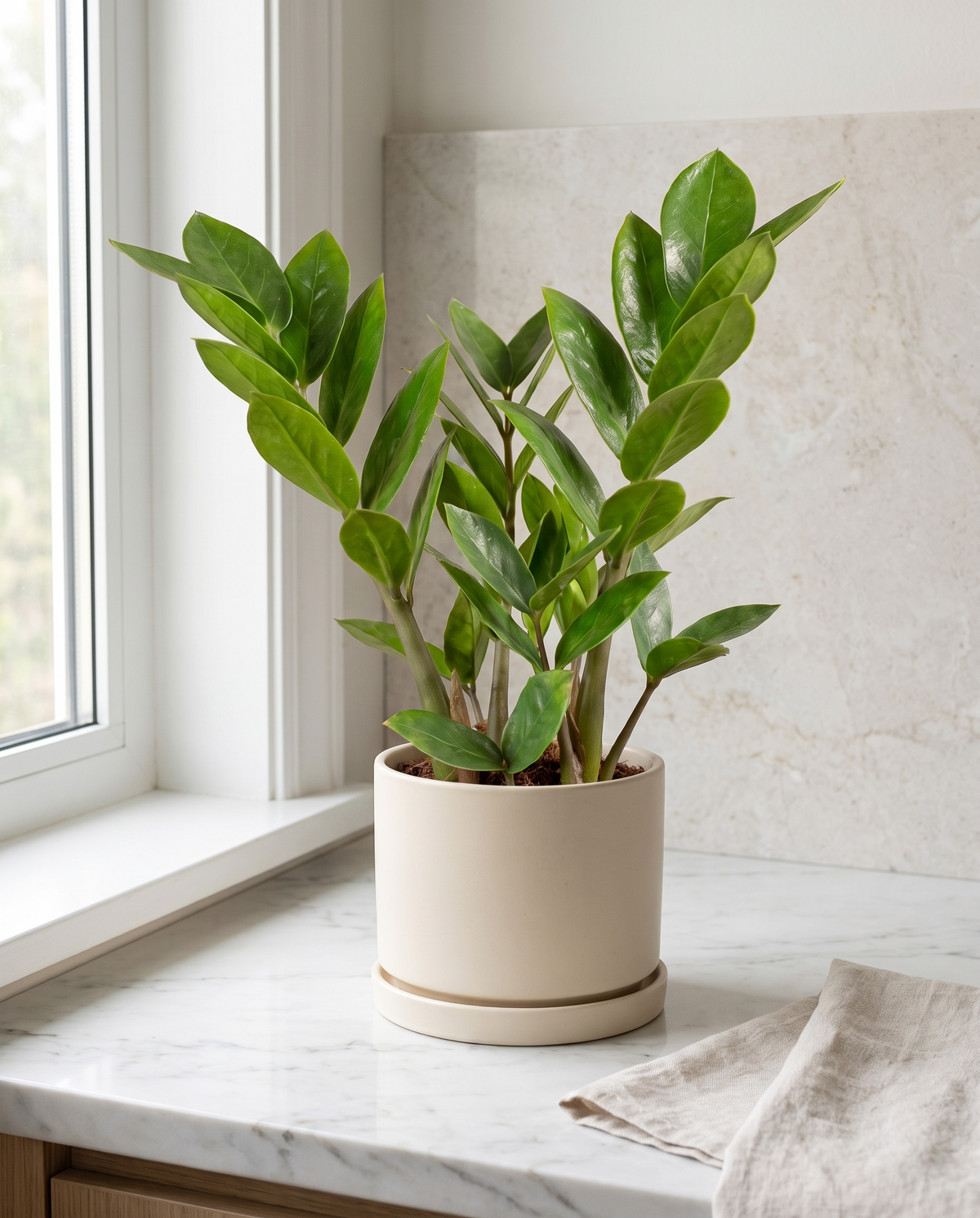 ZZ plant in a decorative ceramic, styled in a room