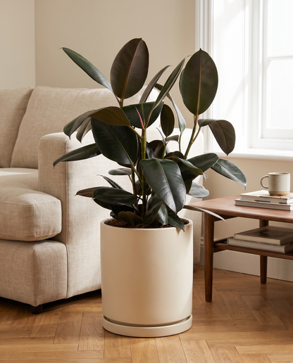 Rubber plant in a decorative ceramic, styled in a room