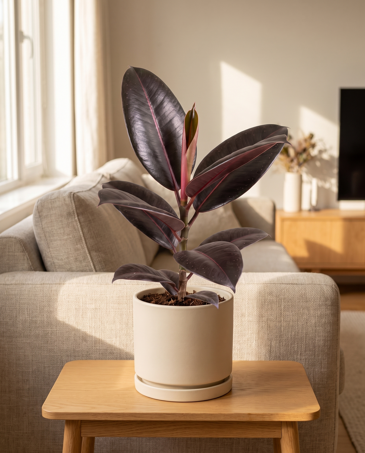 Ficus rubber plant in a decorative ceramic, styled in a room