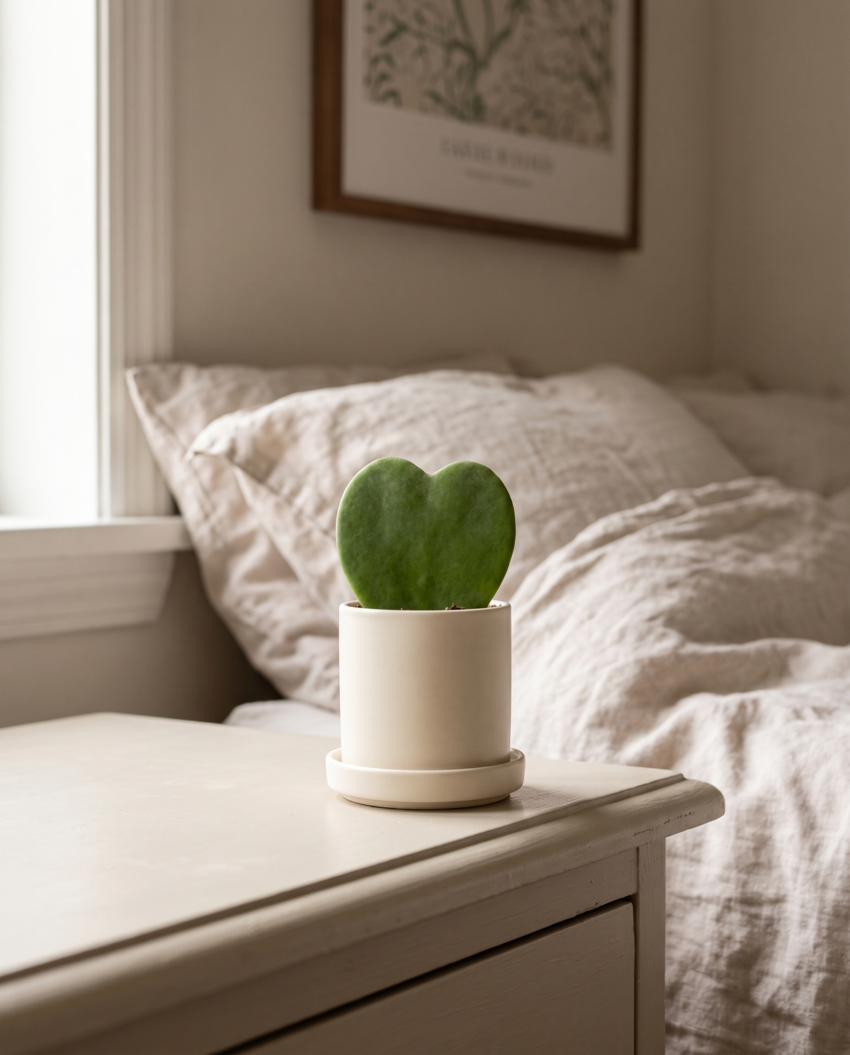 Hoya heart in a decorative ceramic, styled in a room