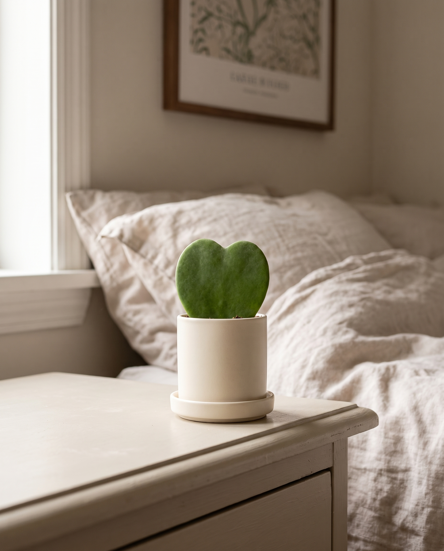 Hoya heart in a decorative ceramic, styled in a room
