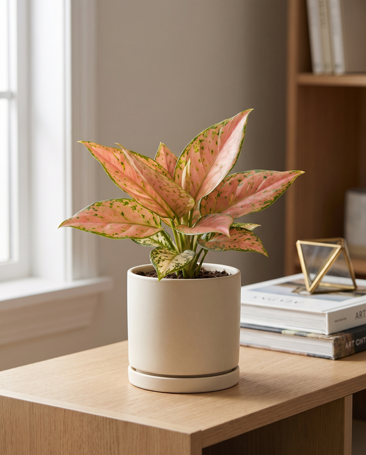 Aglaonema in a decorative ceramic, styled in a room