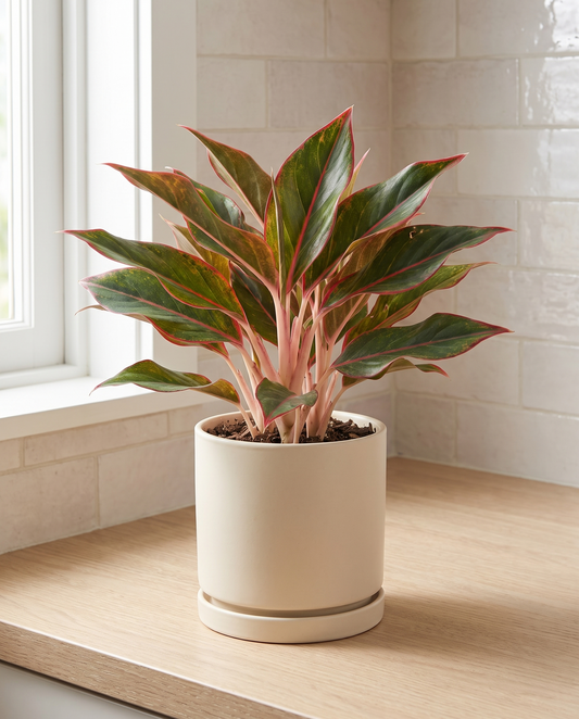 Aglaonema Red Siam in a decorative ceramic, styled in a room