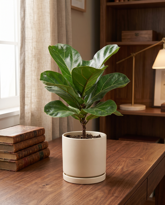 Fiddle leaf fig in a decorative ceramic, styled in a room