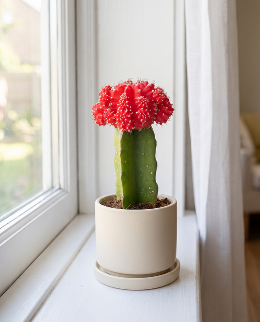 Moon cactus in a decorative ceramic, styled in a room