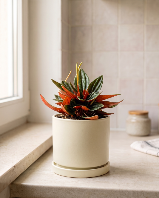 Peperomia Rosso in a decorative ceramic, styled in a room