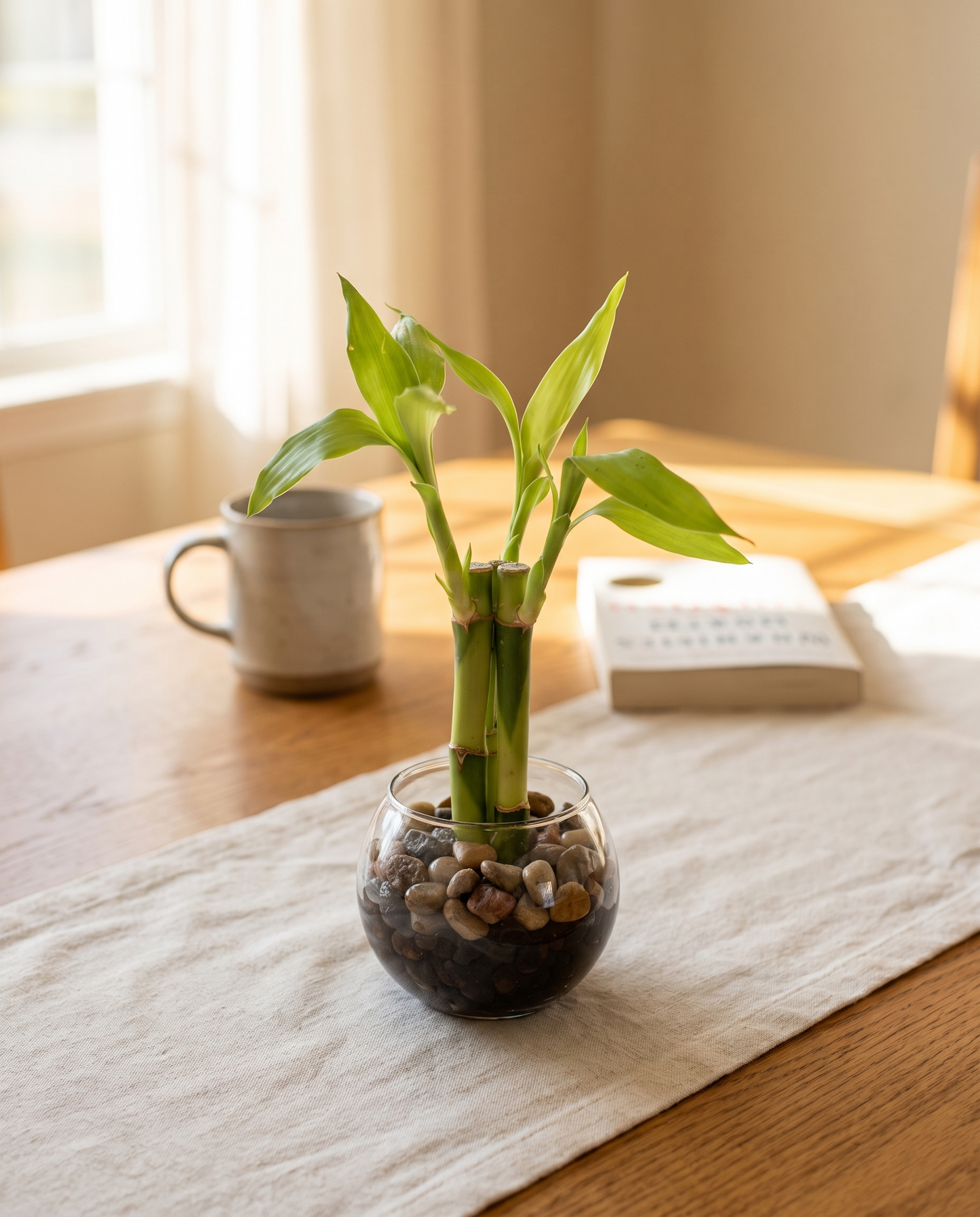 Lucky bamboo 3-stalk glass bowl, styled on a table, glass included