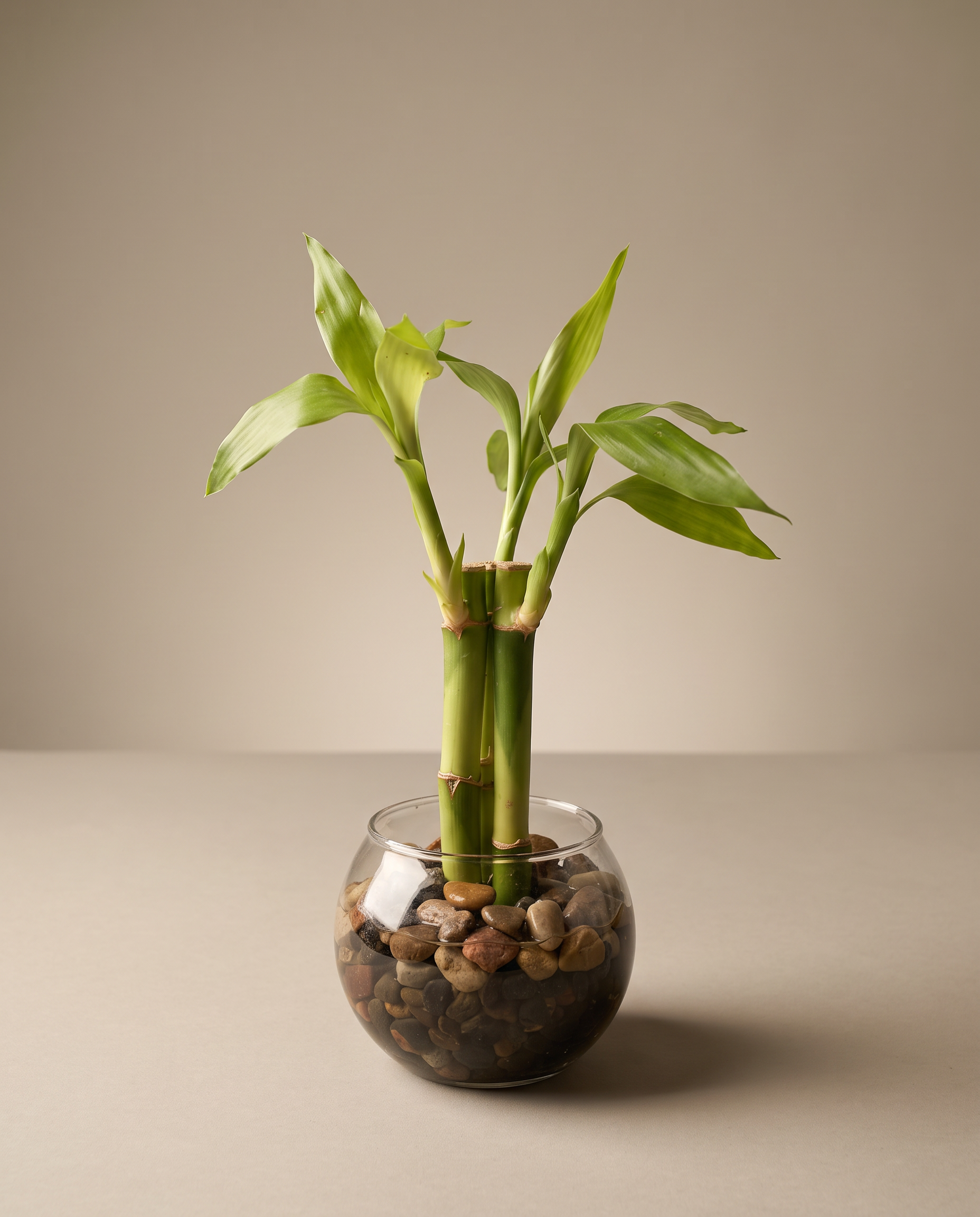 Lucky bamboo, 3 stalks in glass bowl, three-quarter, studio