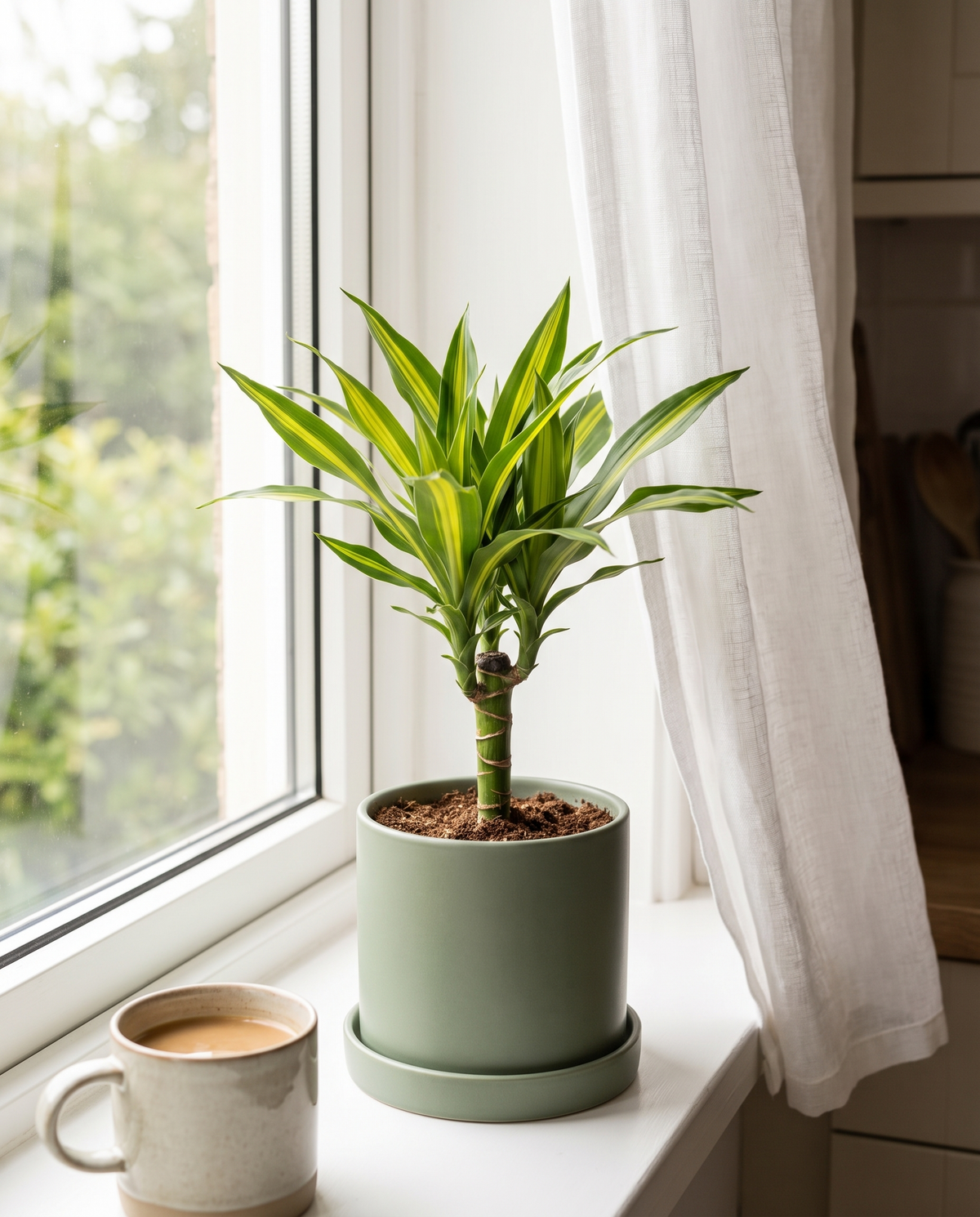Corn plant in a decorative ceramic, styled in a kitchen