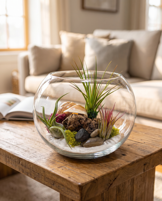 DIY air plant terrarium, white sand, styled in a living room, glass included