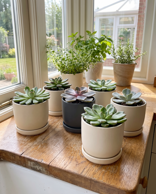 Six mixed echeveria in decorative ceramics, styled on a windowsill