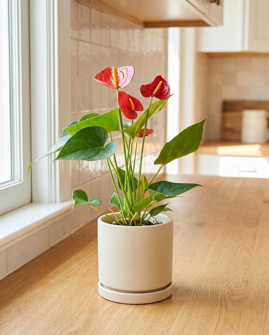 Anthurium in a cream ceramic on a white-oak kitchen counter