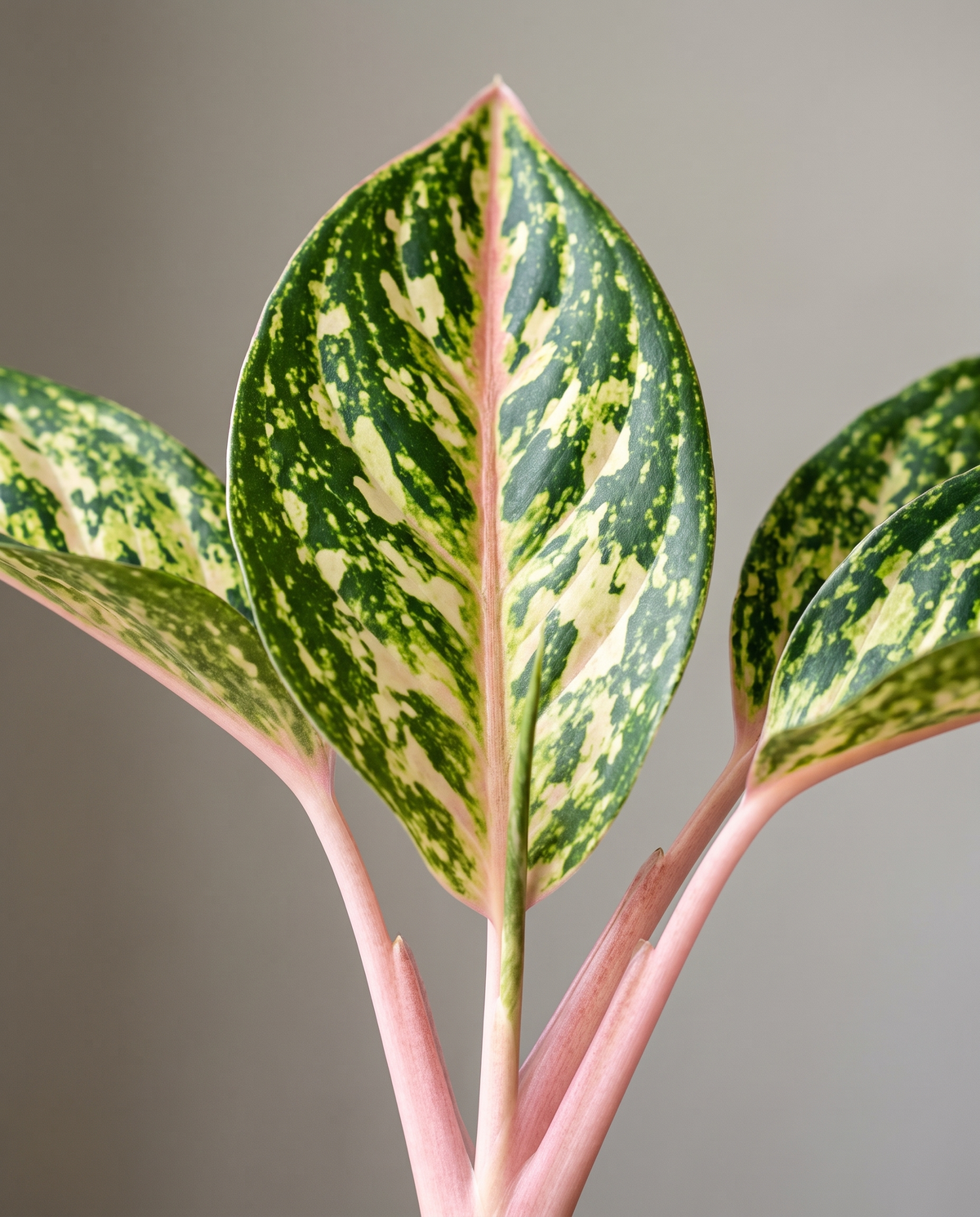 Sparkling Sarah leaf with cream splash and pink midrib, close-up