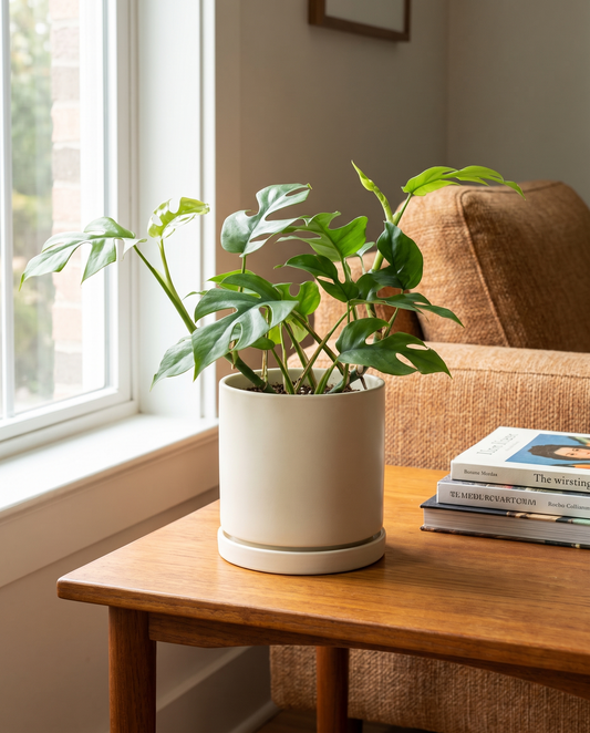 Dwarf Monstera in a cream ceramic on a teak side table