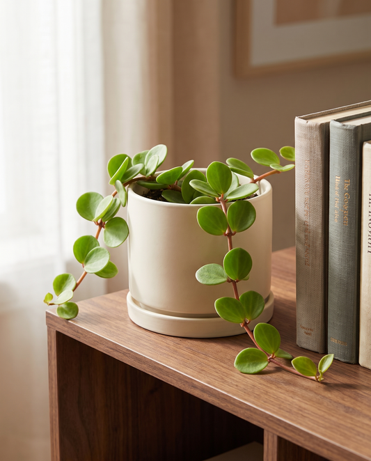 Peperomia Hope in a decorative ceramic, styled on a bookshelf