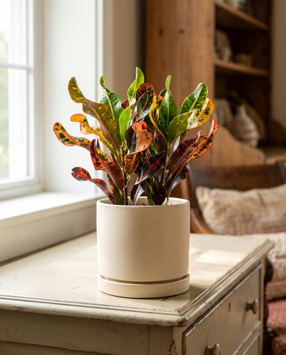 Mammy croton in a decorative ceramic, styled on a dresser