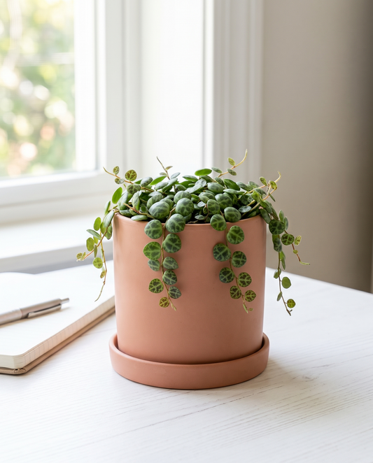 String of Turtles in a ceramic on a white desk by a window