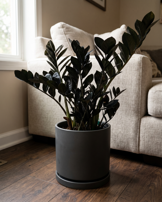Raven ZZ in a matte ceramic on a dark oak living-room floor