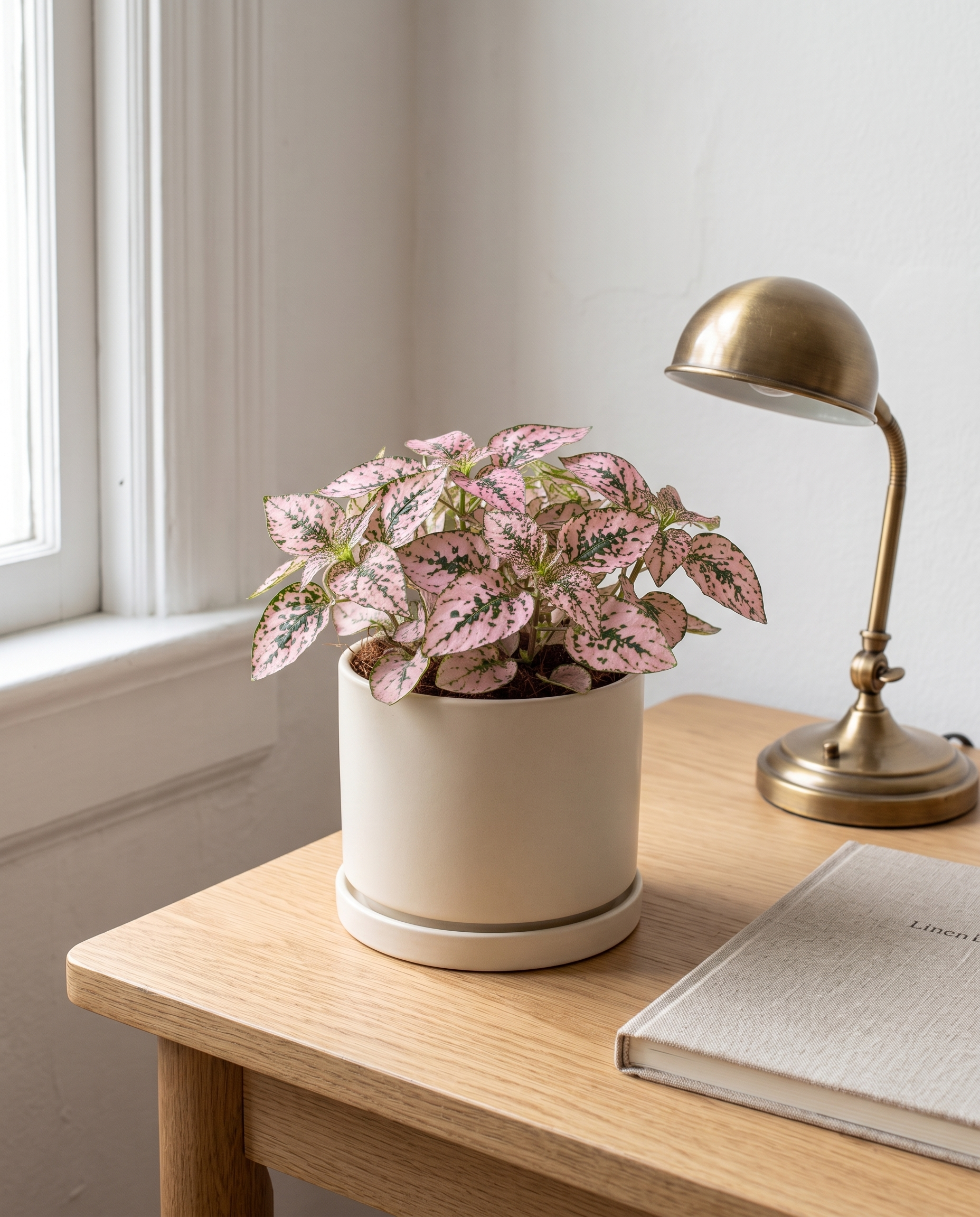 Polka Dot Plant in a cream ceramic on a white-oak desk