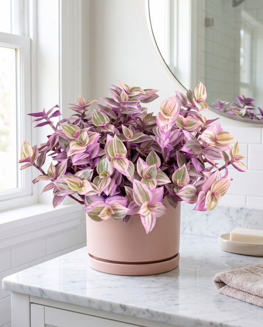 Pink Panther in a blush ceramic on a marble bathroom vanity