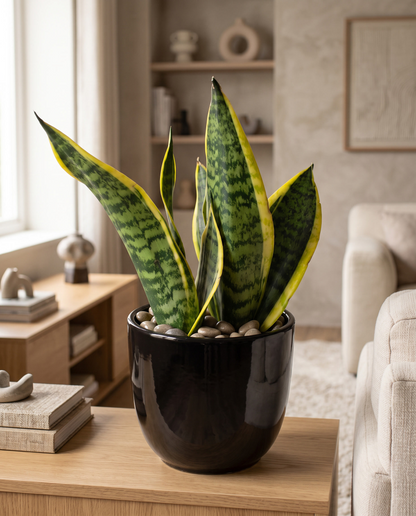 Sansevieria Sensa in black ceramic on an oak living-room console