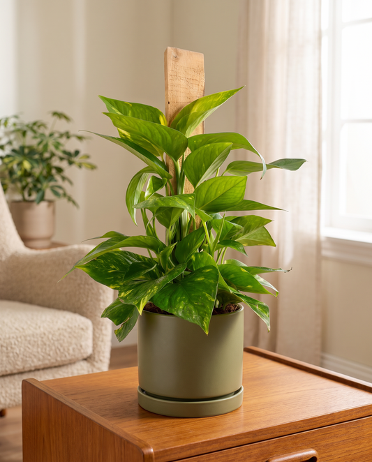 Devil's Ivy in an olive ceramic on a teak side table