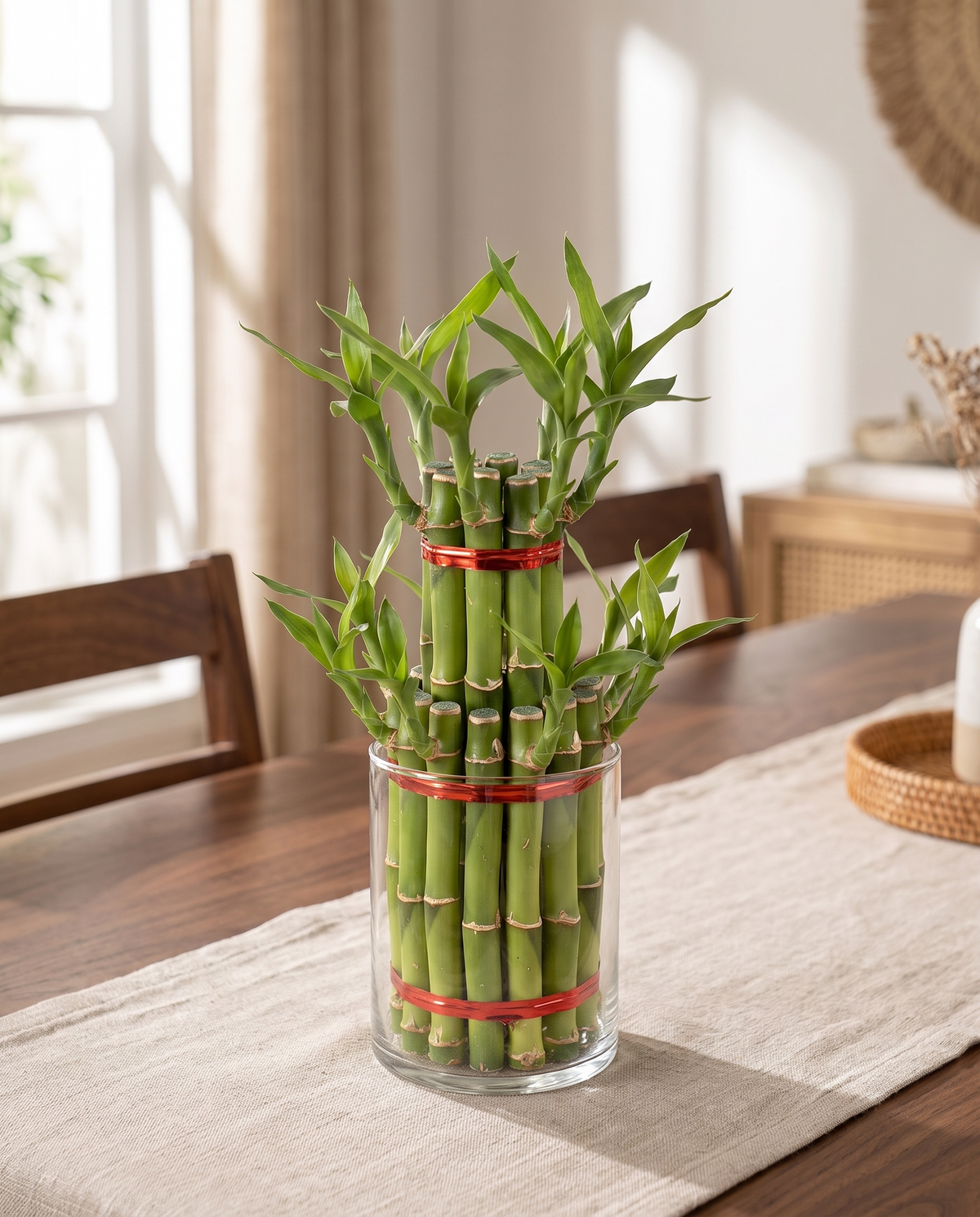 Lucky bamboo cake styled in a glass cylinder on a walnut table