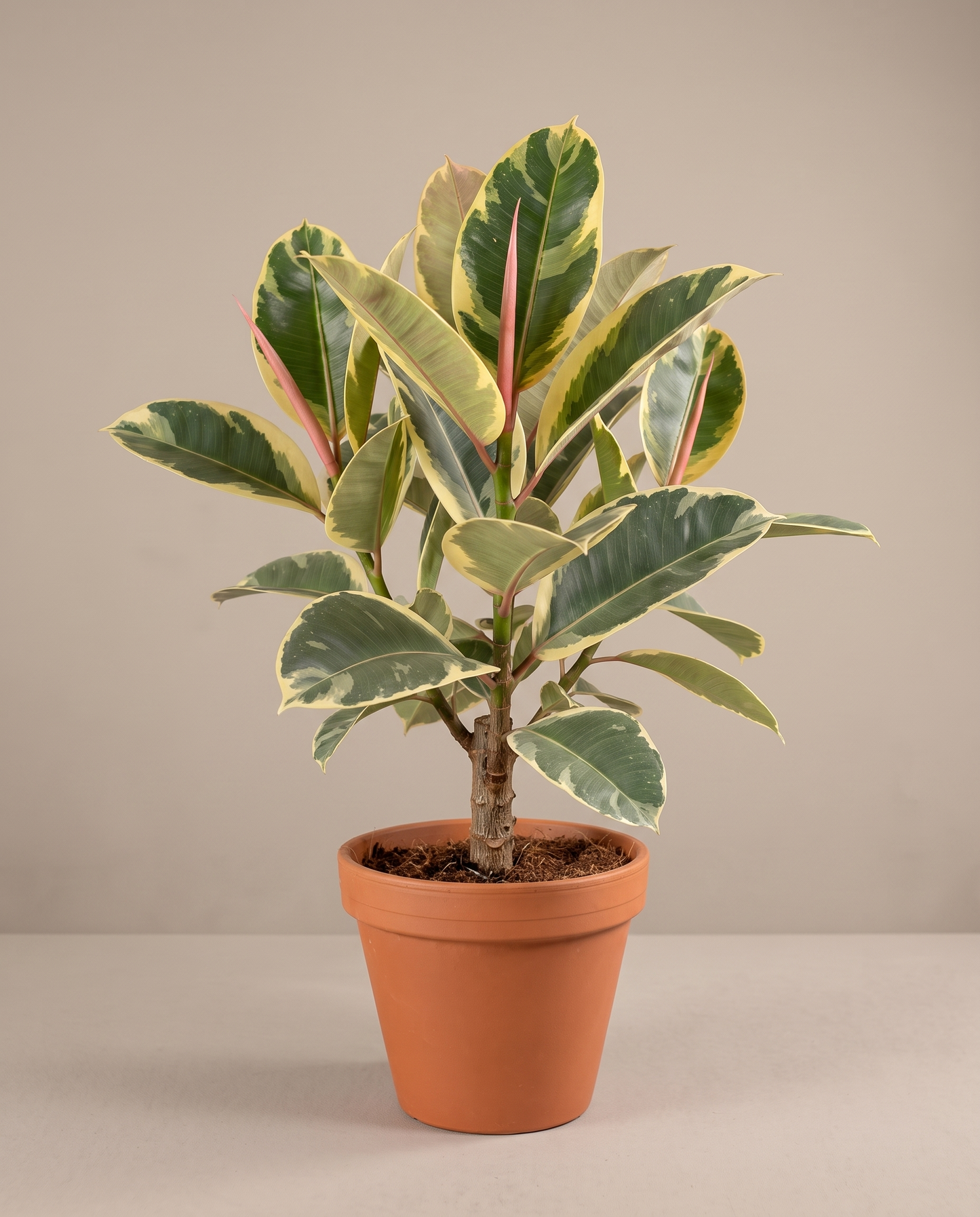 Large 8–10-inch variegated rubber plant in a grow pot, studio