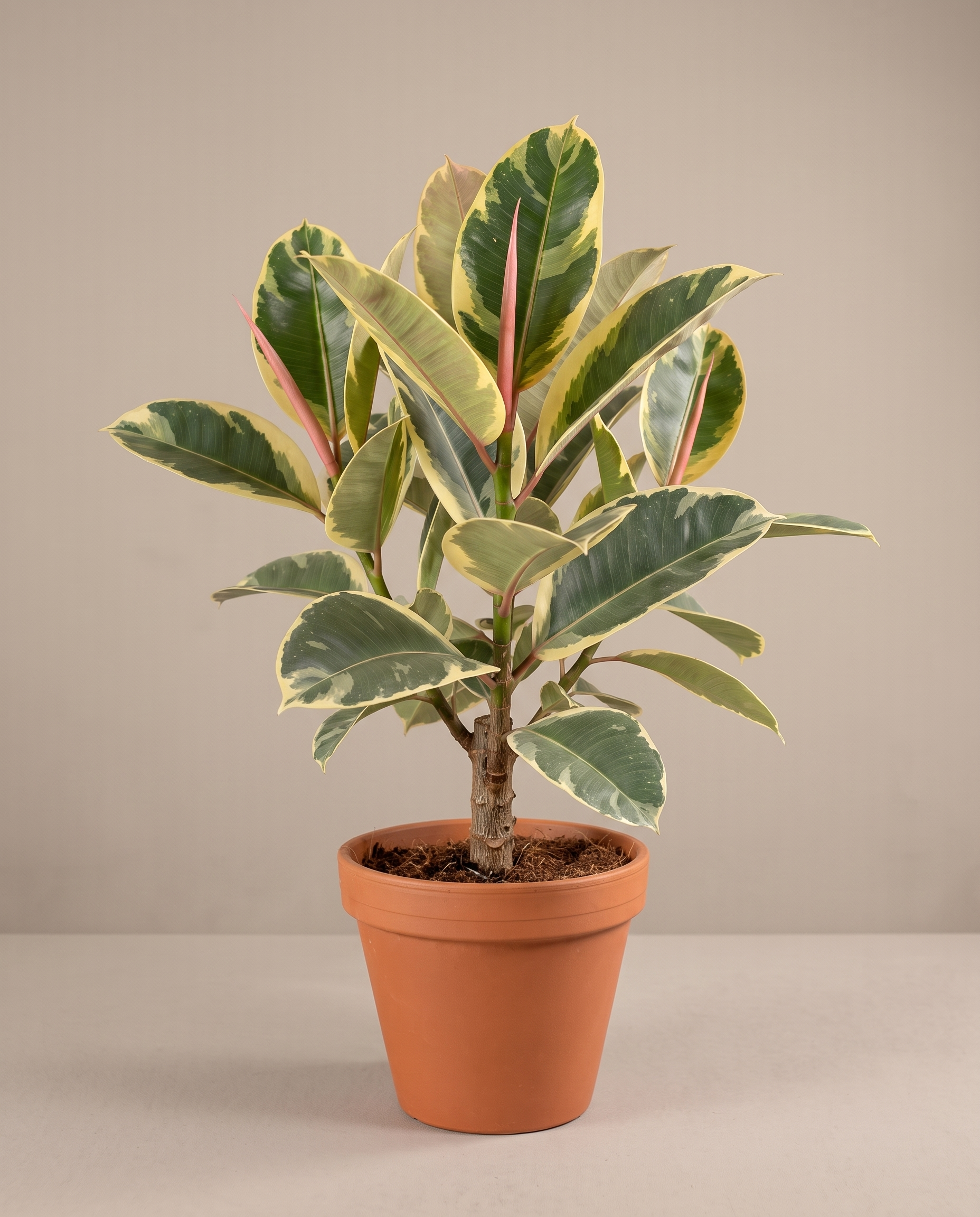 Large 8–10-inch variegated rubber plant in a grow pot, studio