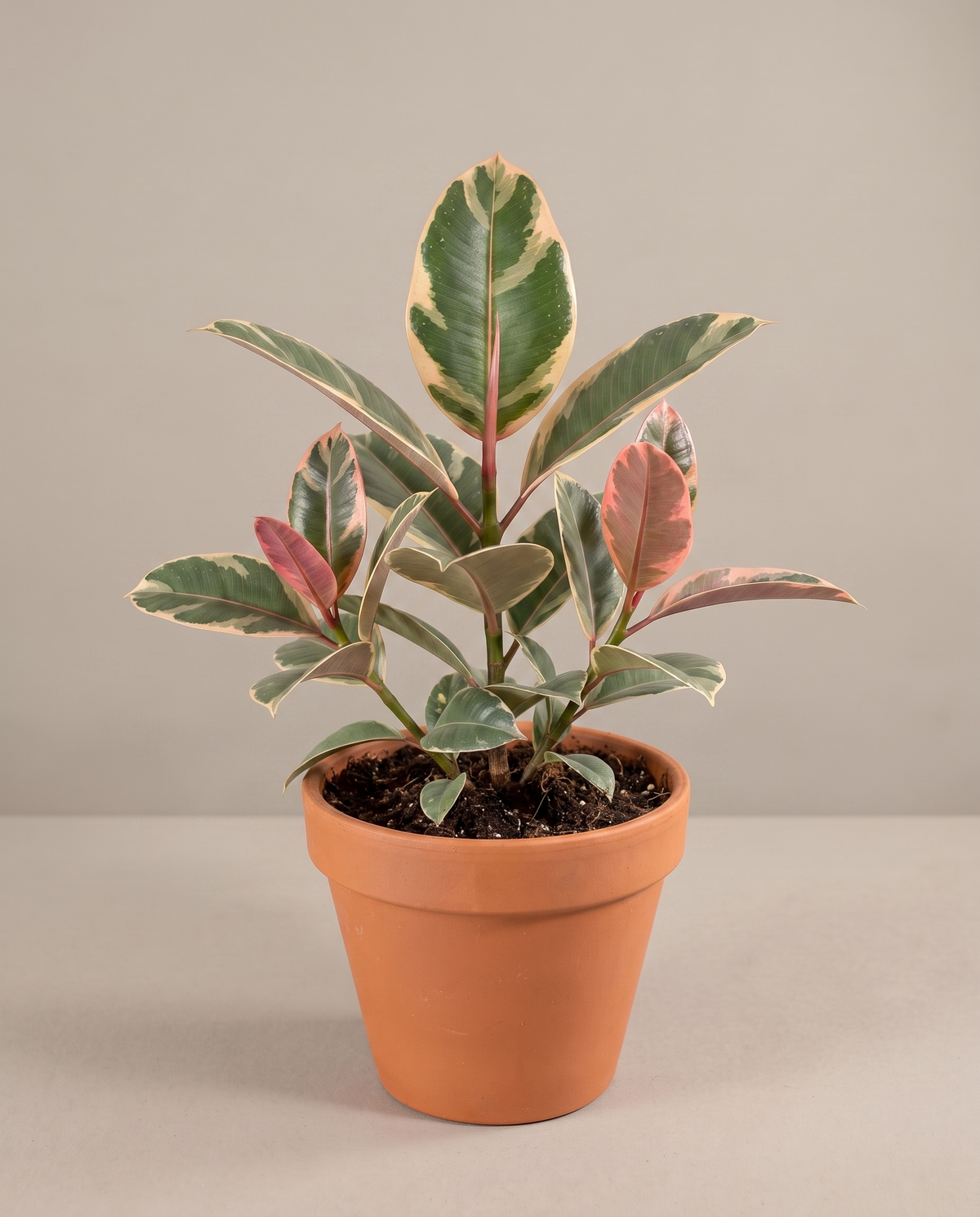 Medium 5–6-inch variegated rubber plant in a grow pot, studio