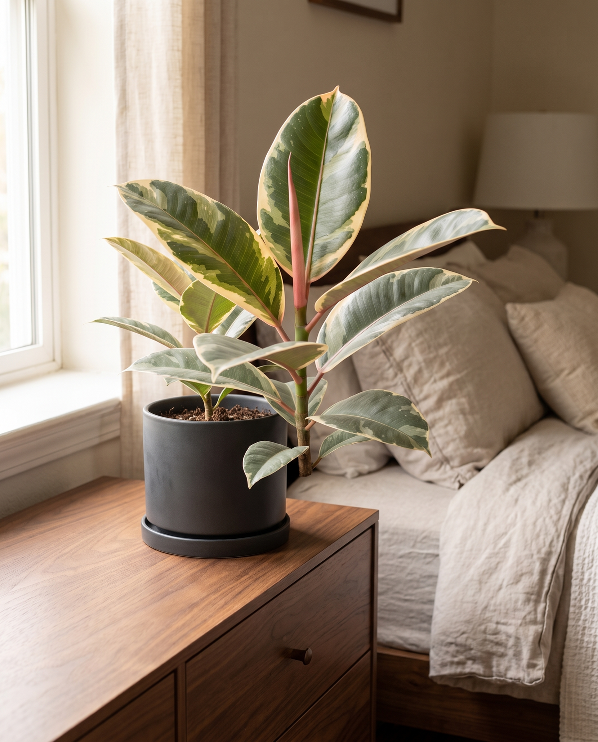 Ficus Tineke in a matte black ceramic on a wood nightstand