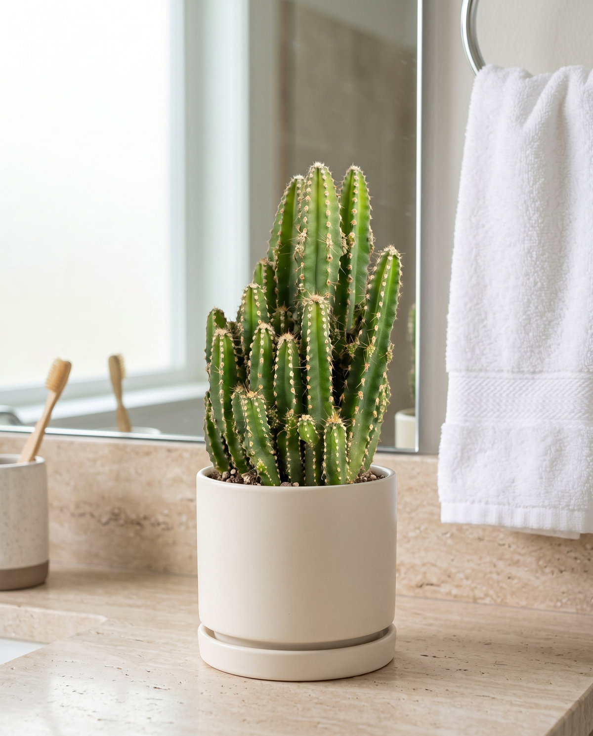 Fairy Castle cactus in a greige ceramic on a bathroom counter