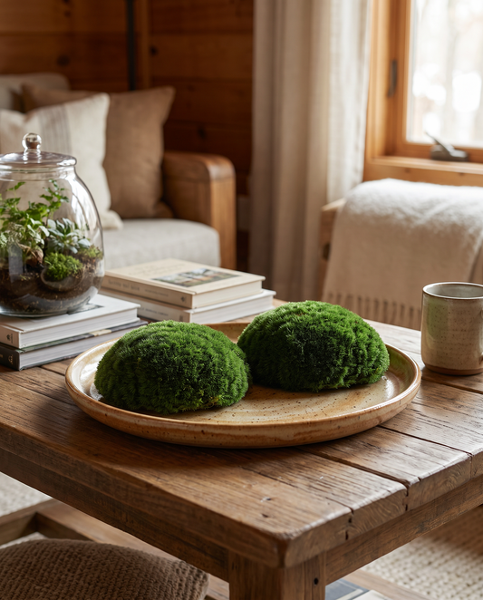 Two pillow moss pieces on a ceramic plate on a coffee table