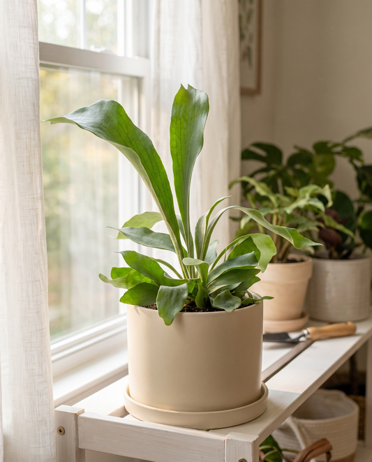 Staghorn fern in a greige ceramic on a wood bench