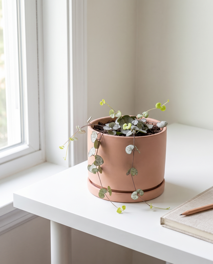 String of Hearts in a peach ceramic on a white desk