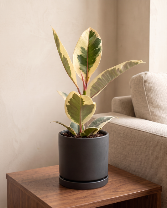 Variegated rubber plant in a charcoal ceramic on a walnut side table