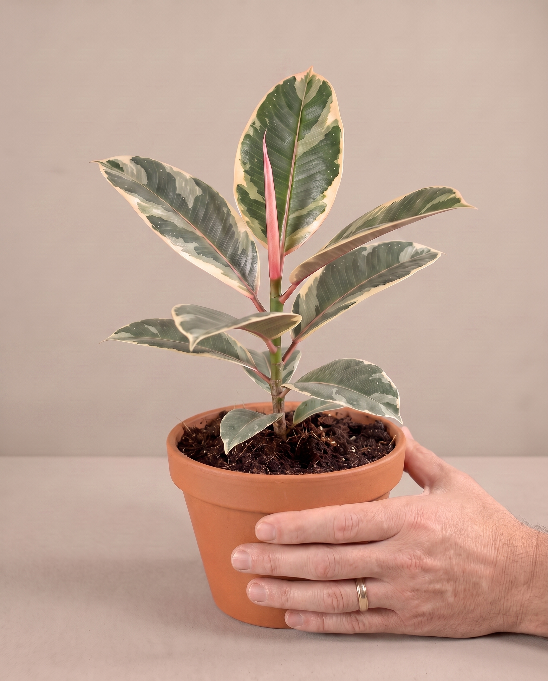 Hand beside a 6-inch Ficus Tineke in a grow pot