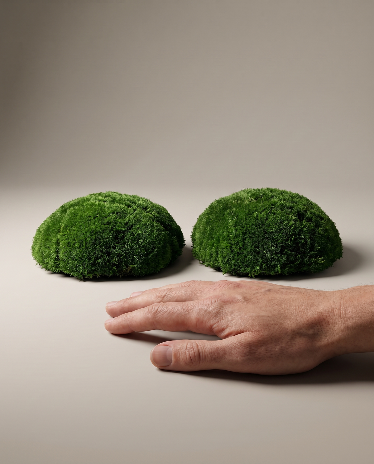Hand beside two pieces of pillow preserved moss
